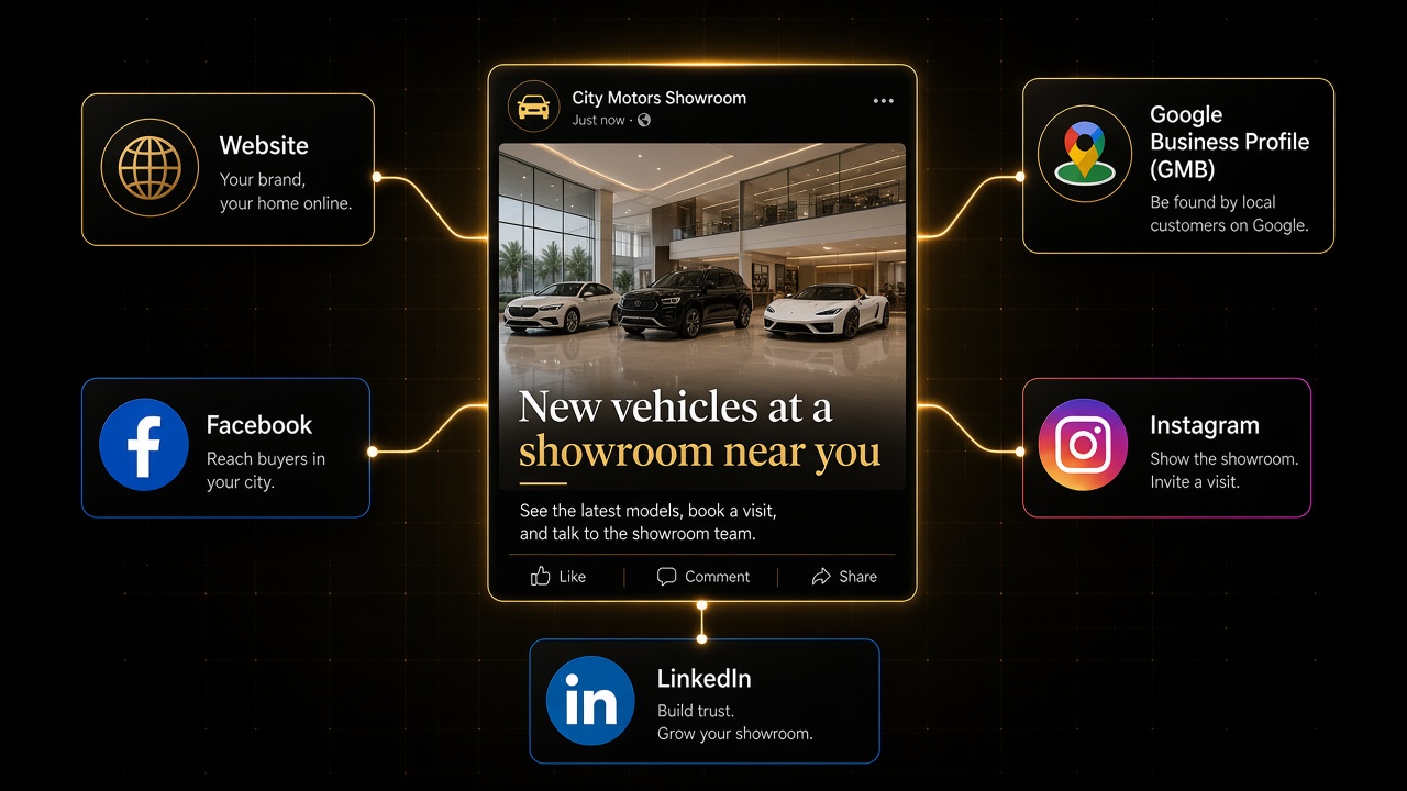 One showroom post shared across website, Google Business Profile, Facebook, Instagram and LinkedIn